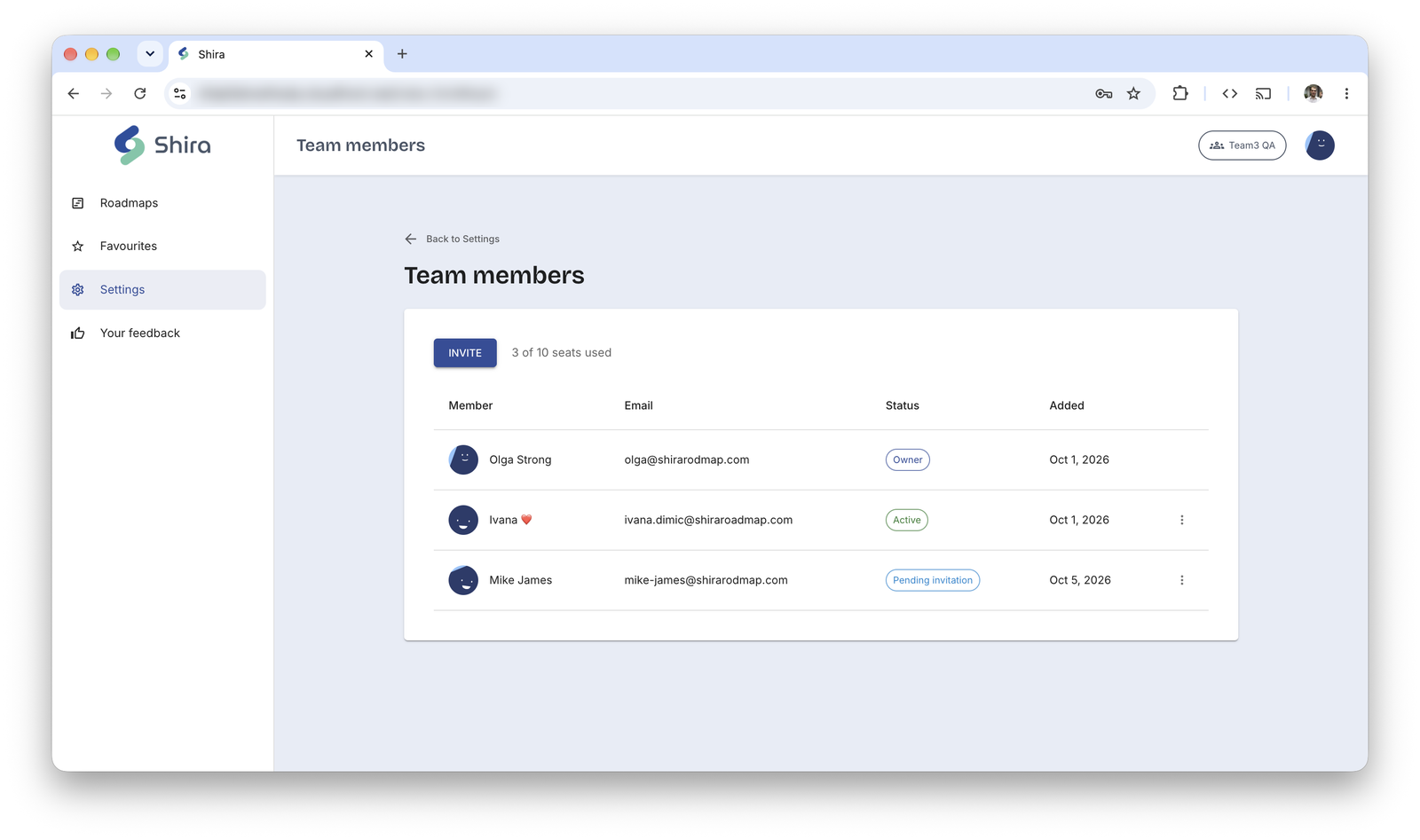 Shira's Team members screen: a seat counter reading 3 of 10 seats used, and a table of members showing Owner, Active and Pending invitation states.