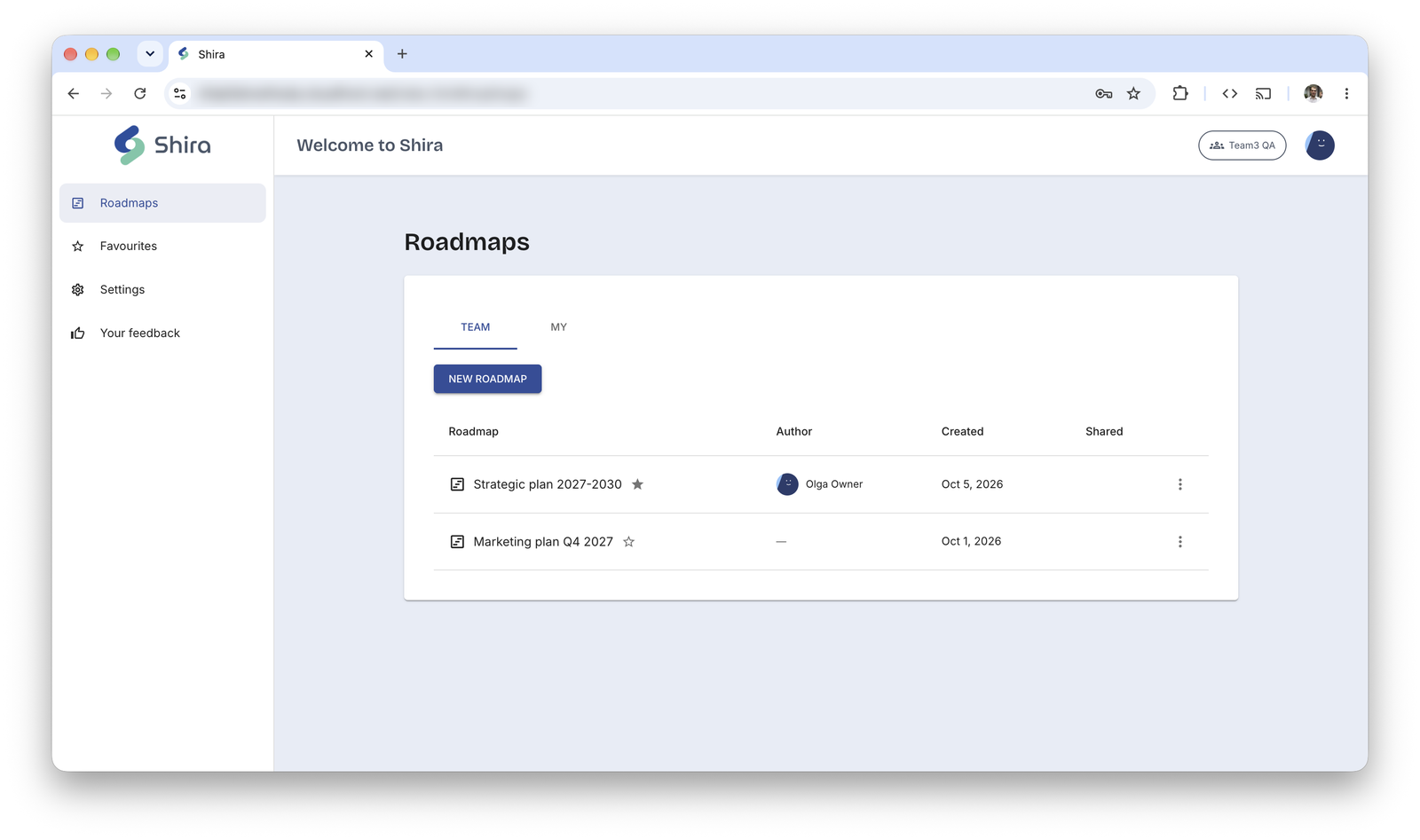 Shira's roadmap list on the Team tab, with an Author column showing the colleague who created each roadmap, alongside the date it was created.