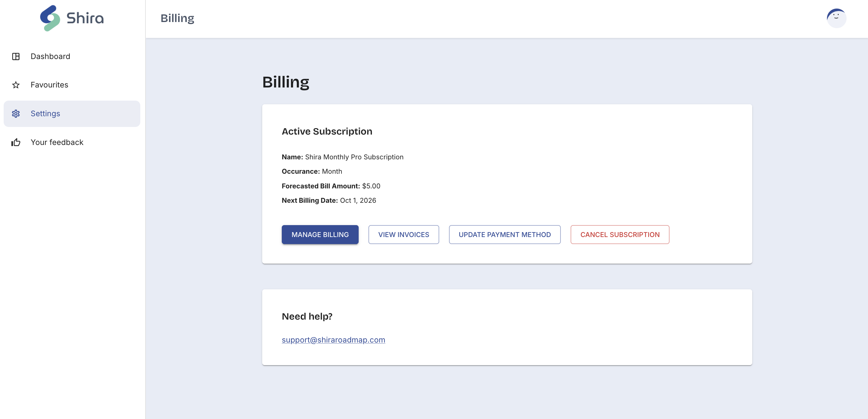 The Billing screen showing an active subscription with its plan details and the Manage billing, View invoices, Update payment method and Cancel subscription buttons