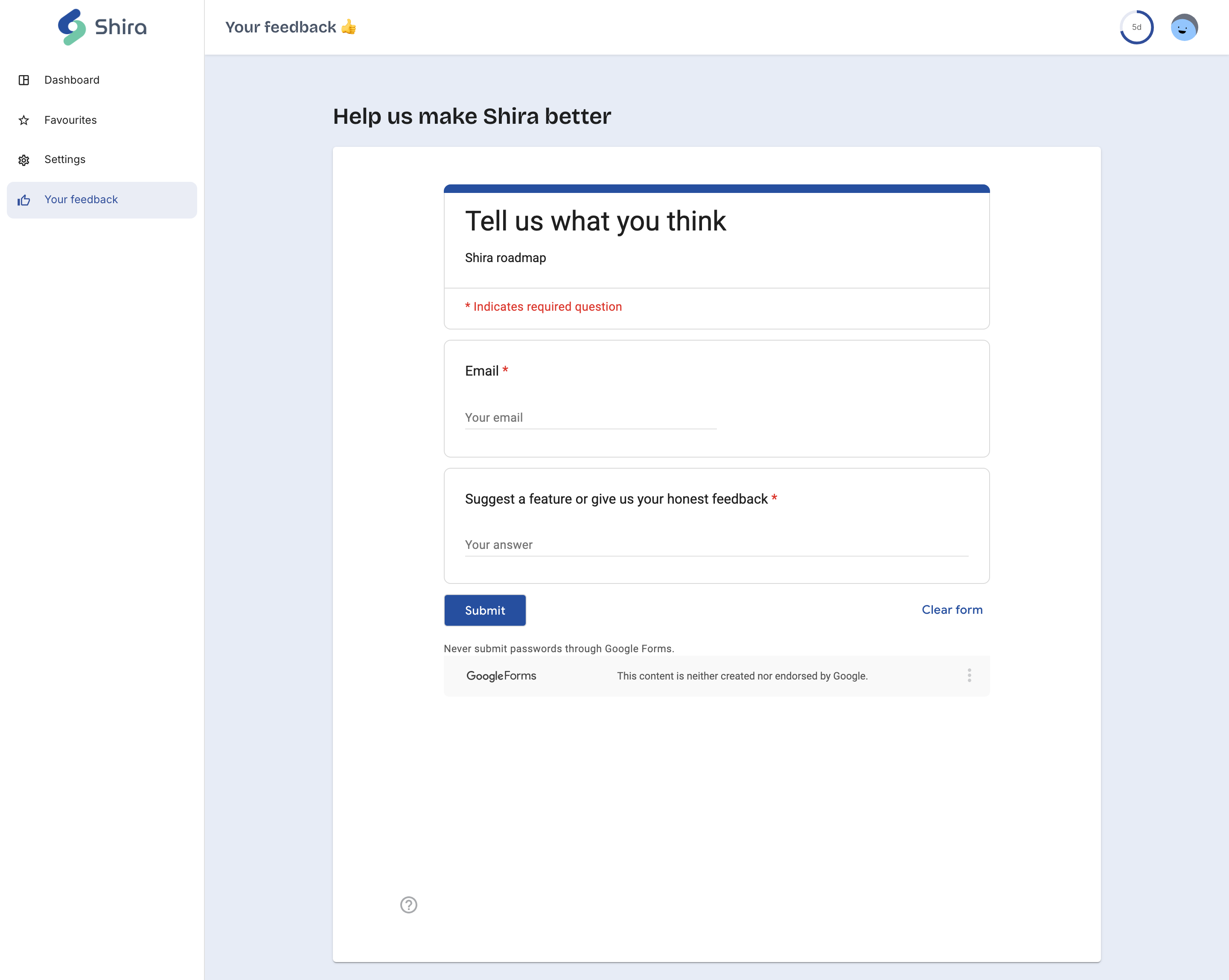 The Your feedback screen with the embedded feedback form