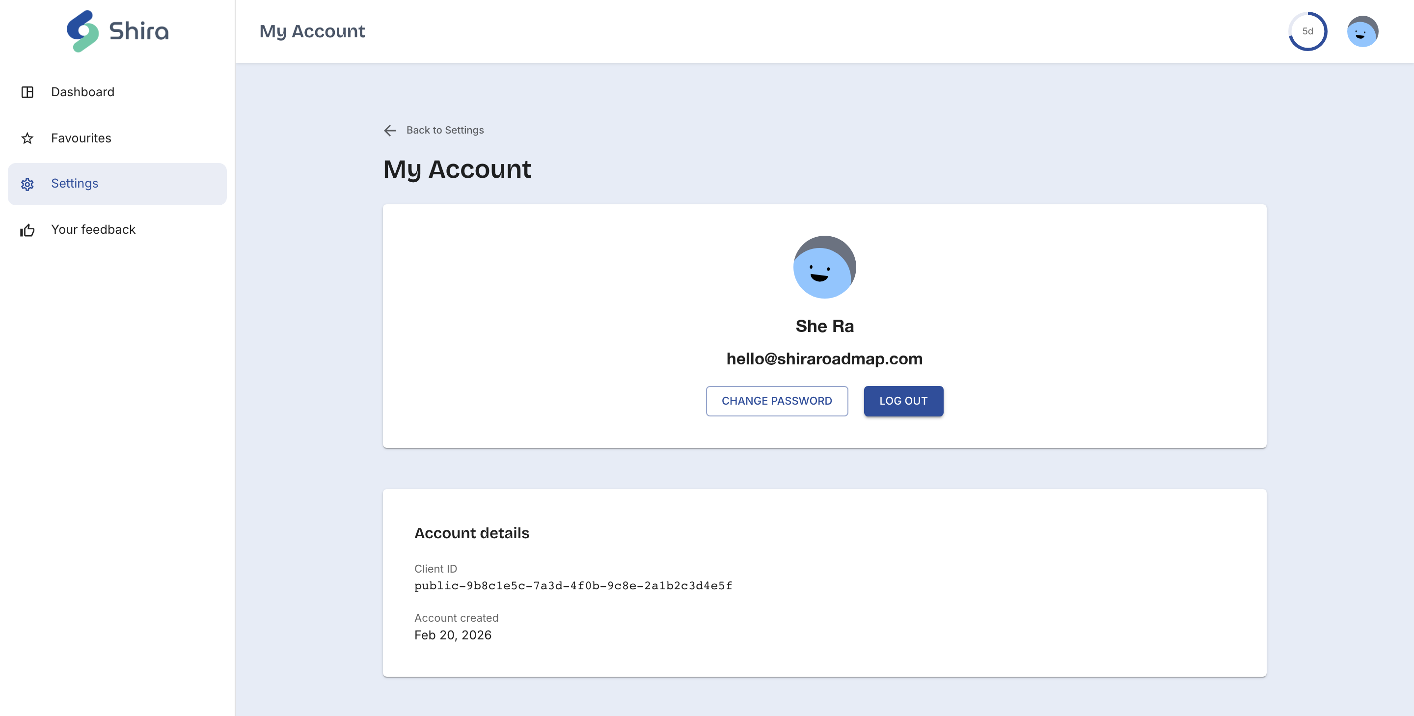 The My Account screen: avatar, name, email, Change password and Log out, plus Client ID and account creation date