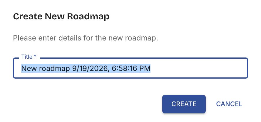 The Create New Roadmap dialog, with a pre-filled title field