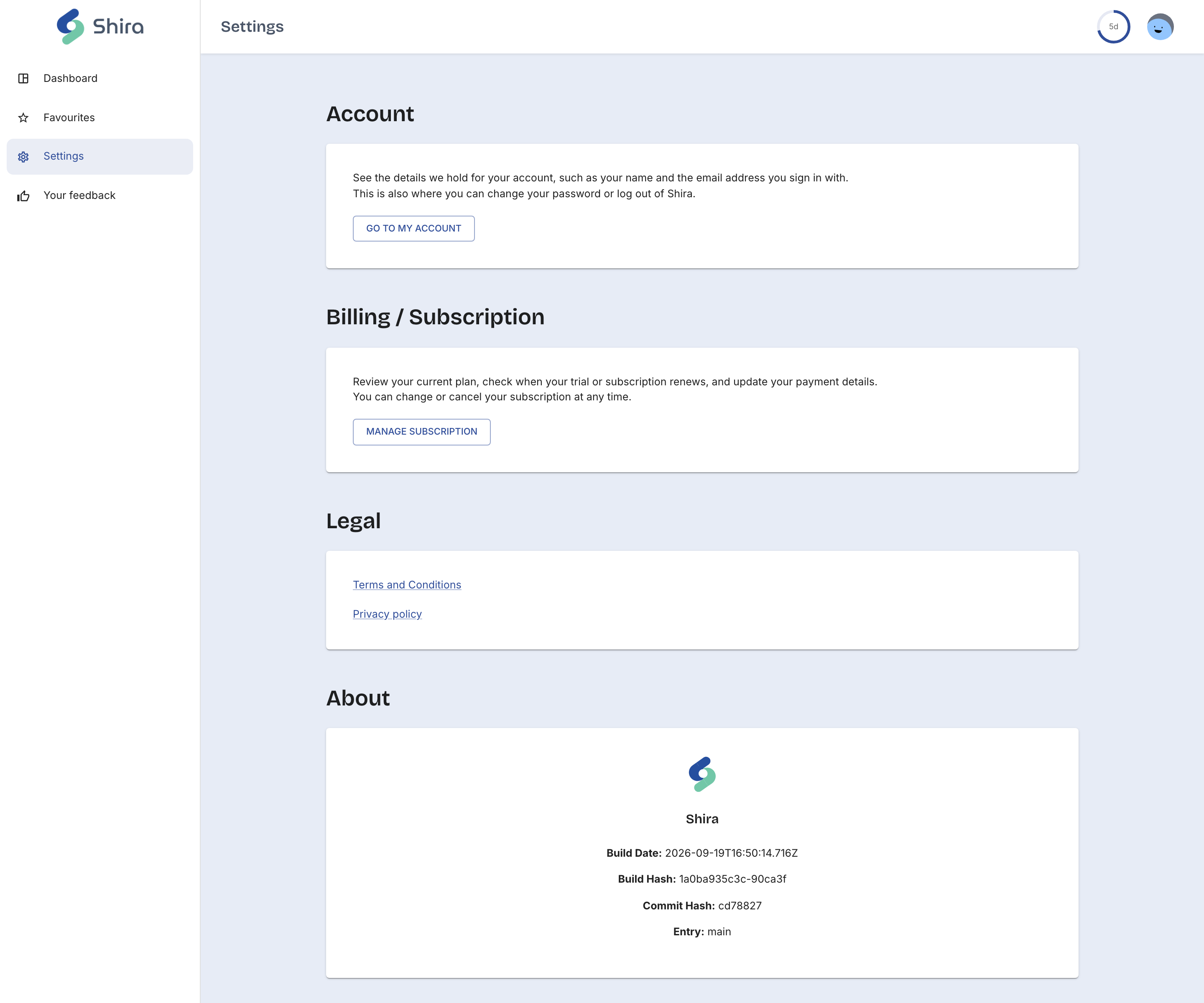 The Settings screen: Account, Billing / Subscription, Legal and About cards