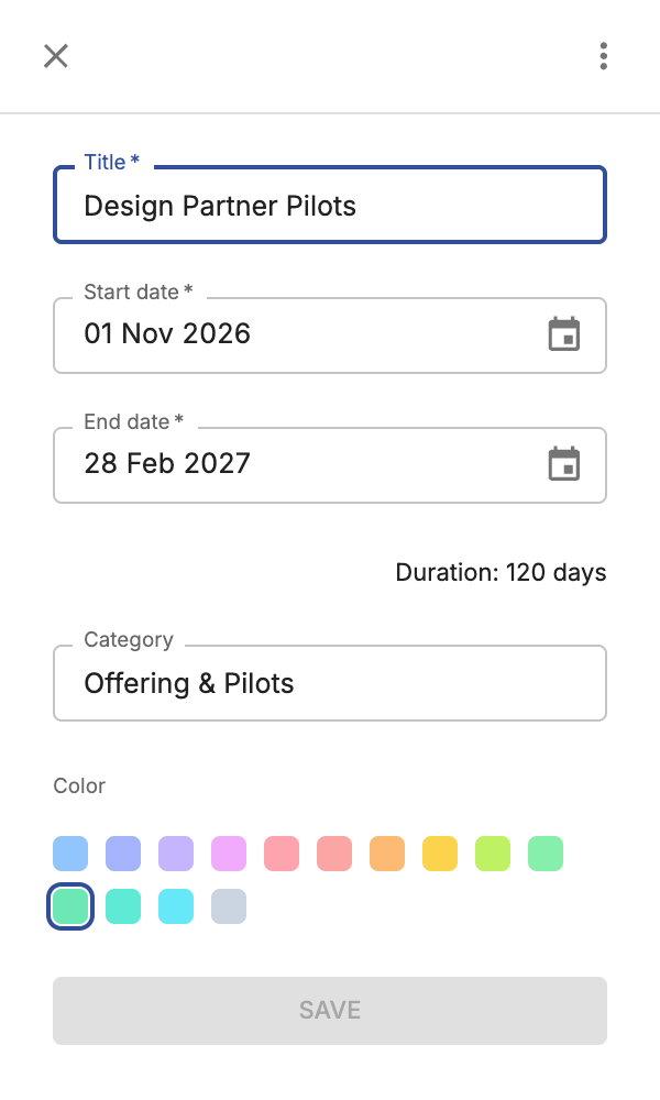 Title, start and end date, category and color — with the duration shown as you change the dates