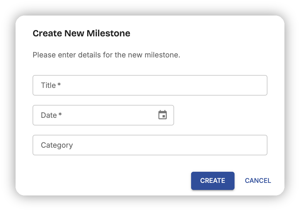 The Add milestone button asks for a title, a date and an optional category