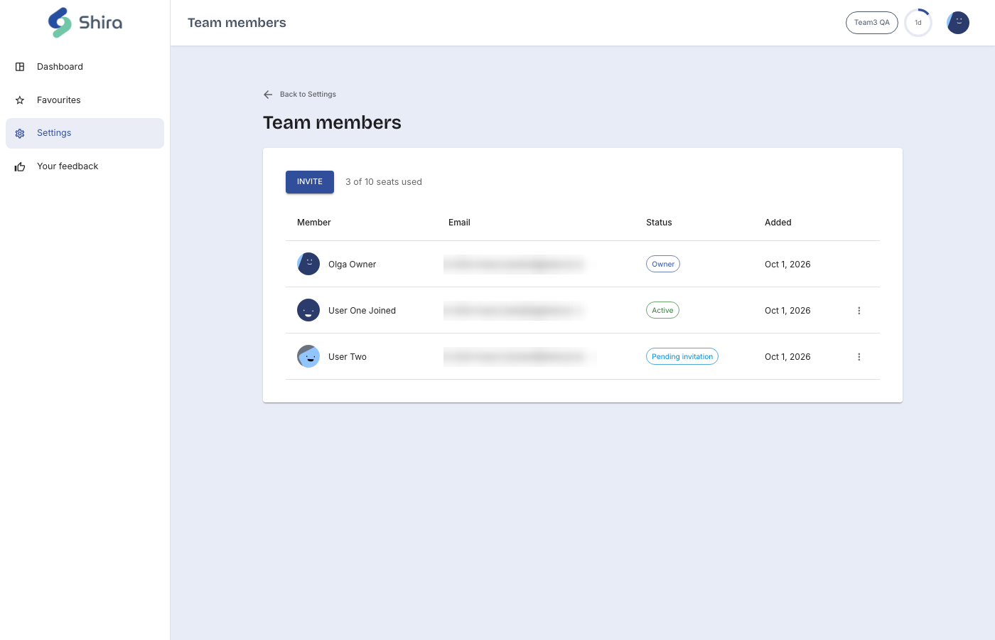 Team members screen with seat usage and invitations