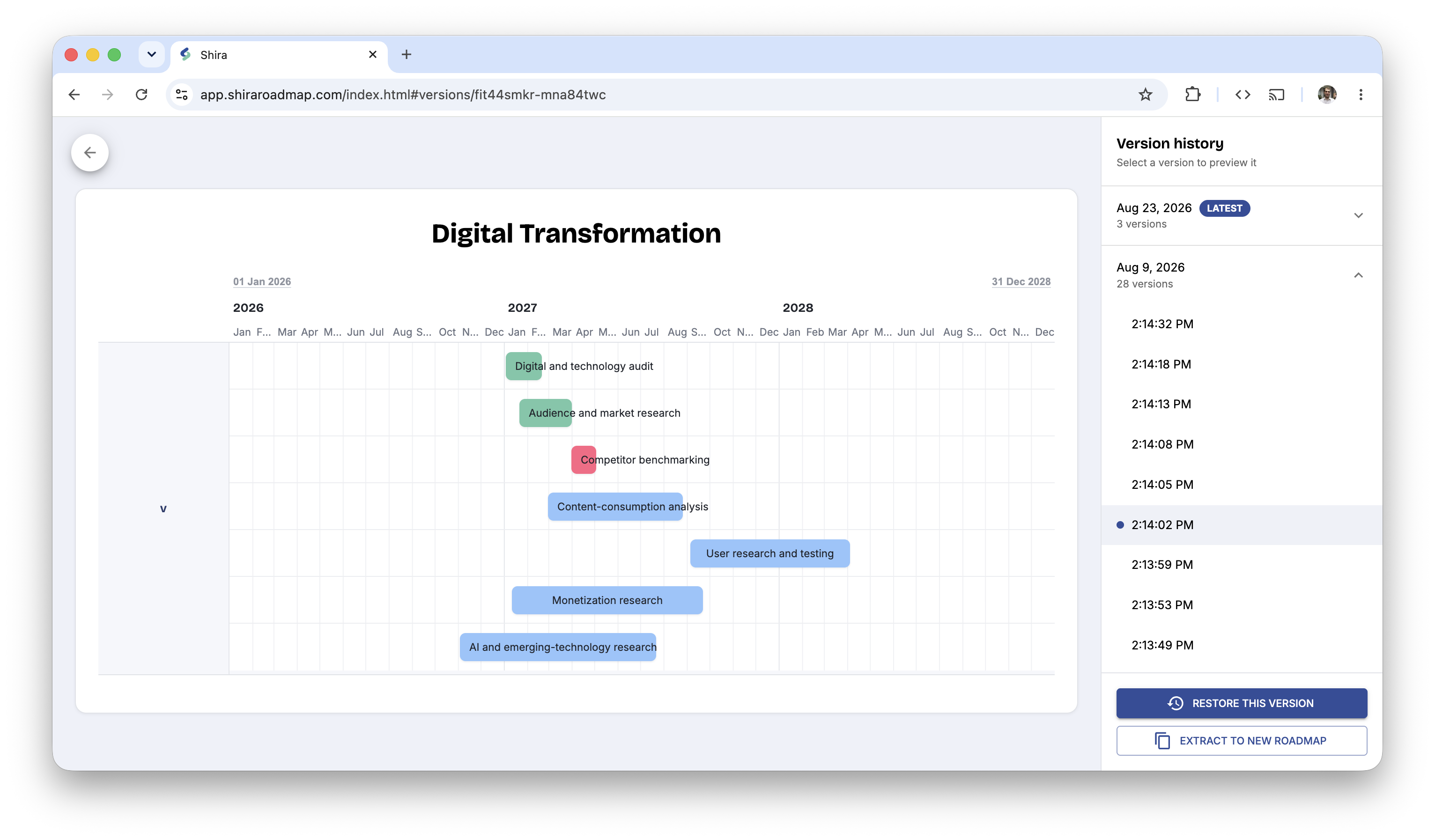 Version history with a version selected for preview